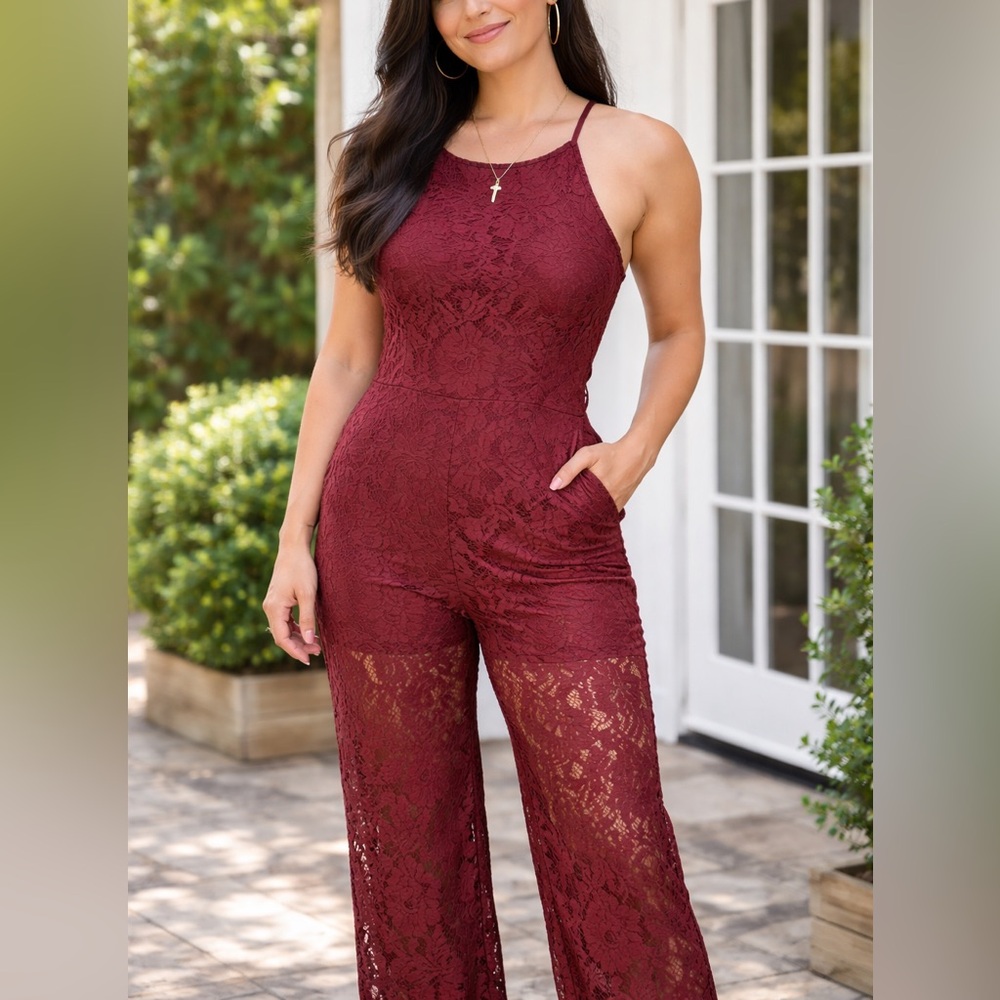 Burgundy/Maroon Lace Sleeveless Lace Jumpsuit